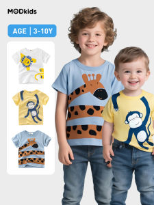 LJMOFA Cotton T-shirt for Kids 3-10 Yrs Old Fashion Animals Cartoon Pattern Short Sleeved Shirt for Boys