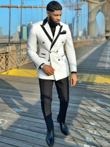 New Tailored White Double Breasted Men Suits Top Lapel Tuxedo Slim Fit Male Costume Pour Homme Groom Two Pieces Prom Sets