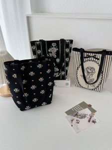 New Korean Style Large Capacity Tote Bag Womens Portable Commuter Lunch Box Bag Student Casual Simple Print Polyester Handbag