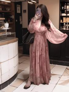 150.00kg Plus Size Slightly Oversized Girls French Floral Long Sleeves Dress New Arrival Elegant Classy Waist-Tight Fairy Skirt