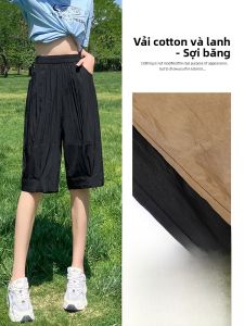 YAMIANNV | Quần ống rộng bằng lụa băng cotton lanh cạp cao thường ngày cho nữ Quần dài năm điểm rộng rãi thoải mái đơn giản mùa hè 2024