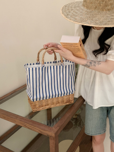 INS K-style Casual Satchel Vegetable Basket Rattan Weave Bag Stripes Canvas Straw Bag Large Capacity Hand-Woven Bag