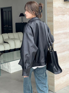 Black Leather Jacket Womens Short Loose Motorcycle Style Spring Autumn Retro Hong Kong Style plus Size PU Coat
