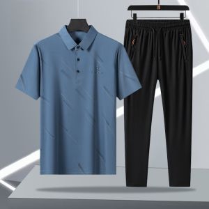 ROMON | Lomond Mens Ice Silk Dad Set Summer Thin Short Sleeve T-Shirt Fathers Day Polo Shirt Upper Body Fashion Urban Standard Fit