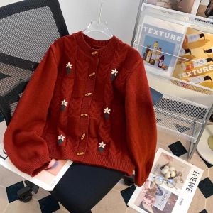 Retro Button-Up Red Knitted Sweater Cardigan Womens Loose Thickened Winter New Years Outerwear Long Sleeve round Neck