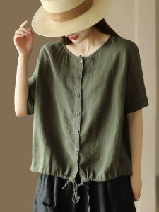Retro Washed Linen round Neck Shirt Women Summer Solid Casual Short Sleeve Open Cardigan Hem Drawstring Cotton Linen Top Thin