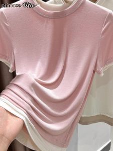 WANGGONGZHU | Princess Style Round Neck Short Sleeve Modal Womens T-shirt Summer Base Layer Top Elastic Splice Color Block Casual Comfortable