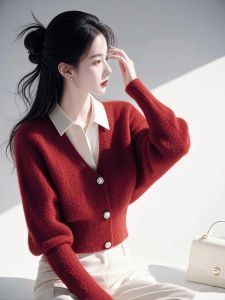 Red Polo Neck Knitted Sweater Womens Winter New Style Soft Long Sleeve Top Fake Two-Piece Warmth Emitting Sweet Style Casual Wear