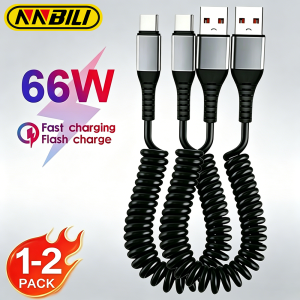 NNBILI 1/2pack 66W Car Spring Data Cord 6A Short Fast Charging Wire USB A TO Type C Cable For Huawei Xiaomi Samsung Type C Cable