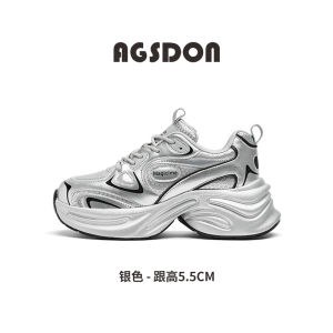Agsdon Silver Fleece Lined Sporty Womens Shoes Thick Sole Cross Buckle Color Block Casual Shoes round Toe mid Heel PVC Outsole