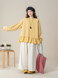 SHANGWEILUO | Áo Sweater Dài Tay In Hình Trái Tim Viền Xếp Ly Màu Vàng Cho Nữ Ngọt Ngào Gọn Gàng Và Trẻ Trung
