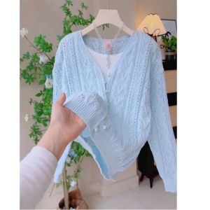 เสื้อคาร์ดิแกนถักแบบบางสไตล์ฝรั่งเศสสำหรับฤดูใบไม้ผลิและฤดูร้อน พร้อมกระดุมมุก ทรงหลวม ปกโปโล แขนยาว ปกโปโล สีพื้น