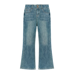 High Waist Flared Jeans Womens Denim Pants Autumn Season plus Size Pear Shape Body Slimming Retro Style Zipper Closure Blue