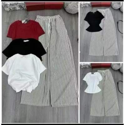 Set áo babytee kèm quần suông kẻ siêu hot