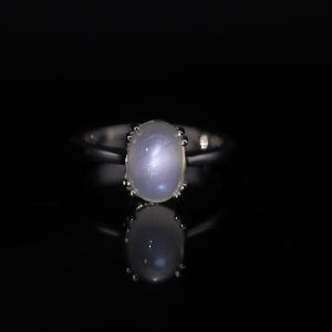 ภาพดุ้งแหวนพลอยของแท้ พลอยมูกดาหาร (Rainbow moonstone) เนื้อใส เหลือบฟ้าเข้ม 55% พลอยแท้จากประเทศศรีลังกา ไซส์นิ้ว 7.5 หรือเบอร์