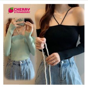 เสื้อเชิ้ตแขนยาวผู้หญิง คล้องคอ เสื้อถักนิตติ้ง เสื้อปาดไหล่ อวดหุ่นแซ่บๆ แฟชั่น เบาสบายสไตล์ลำลอง