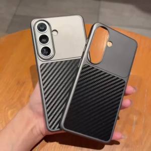 Luxury Carbon Fiber Leather Phone Case for Samsung S25 S26 Ultra S24 FE S23 Plating PC Shockproof Bumper Protection Back Cover