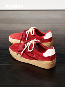 Red Embroidered Thick Bottom Sports Casual Shoes for Women Agsdon August Lion Vintage Style round Toe Soft Comfortable Rubber Sole