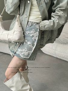 Summer Short Skirt Layered Lace Denim Outerwear Natural Waist Irregular Korean Style Pure Color Versatile Fashion Trend