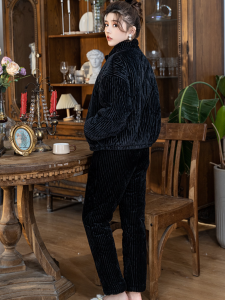 Pink Grape Winter Thickened Pajamas Women down Coat Fleece Thickened Corduroy Stand Collar Coral Fleece Outerwear Homewear