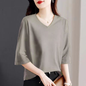 Big Brand Label Cutting Export Export Big Sale Solid Color Three-Quarter Length Sleeve Younger Fashion Cotton V Neck Loose Inner Wear Blouse Women