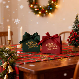 20 Paper Christmas Holiday Gift Wrap Boxes with Ribbon and Merry Christmas Sign Party Favors Candy Chocolate Gift Boxes