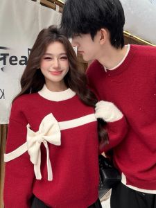XILANDUO | Vintage Red Loose Fit Color-block Faux Layer Couple Match Autumn Winter Sweater