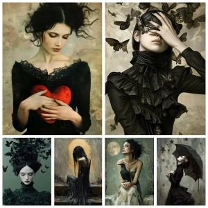Dark Style Girl Oil Painting By Numbers: Gothic Portrait Art Hand-painted Canvas Home Wall Decor Gift Set