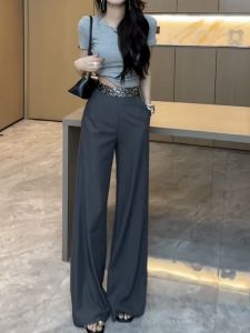 Xám Sequin Nối Ống Rộng Quần Âu Cao Vòng Eo Thon Gọn Dài Thoải Mái Chiều Dài Sàn Nữ Thời Trang Mùa Hè 2024 Polyester Sợi