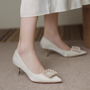 Elegant French Style High Heels Womens Pointed Toe Shoes Pearl Decorated Silk Satin Upgraded Version Spring 2026 Fashion