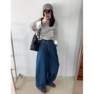 Deep Blue Wide Leg Denim Jeans Womens Loose Feelings Autumn New Style American Retro Casual Knife Edge Pants