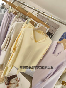 Womens Sleepwear Set with Chest Pad Spring Summer Thin Henry Collar mid Sleeve Long Pants Breathable Cool Feeling Silk Home Clothes