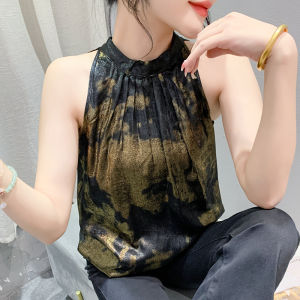 Elegant Neck Hanging Sleeveless Chiffon Top Women Summer Design Printed Halter Vest Trendy Base Shirt Street Style Slim Fit