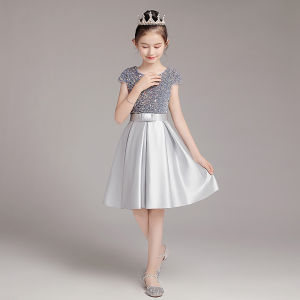 Girls Grey Shiny Piano Performance Dress Short Sleeve Violin Performance Costume Princess Skirt Childrens Fashion Show Outfit