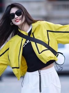 Summer 2025 New Loose Womens Sun Protection Jacket Korean Style Stand Collar Color Block Zipper Short Outerwear Trendy