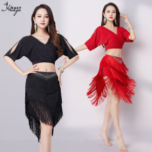 Girls Latin 2Piece Set Ballroom Tango Rumba Samba Dance Performance Women Party Suit Top Tassel Skirt
