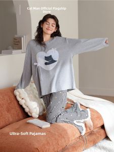 MiiOW | Pure Cotton Cat Person Sleepwear Long Sleeve Autumn Winter Home Clothes For Women Cute Printed Design Comfortable Breathable