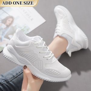 Best Sellers Women Korean Fashion White Rubber Sneakers Laces Lightweight Non-Slip Comfortable Leisure Running Shoes For Women(Add One Size)