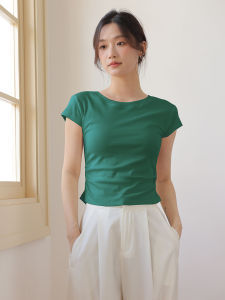 New Arrival Dark Green Short Sleeve T-Shirt Womens Short Shoulder Silm Slim Looking High Waist Pleating Tops Thread Elastic Summer