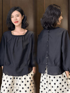 เสื้อเชิ้ตแขนสั้นคอเหลี่ยมฤดูร้อนสำหรับผู้หญิง ทรงหลวม สไตล์ฝรั่งเศส ปกป้องแสงแดด คอกลม ทรงปกติ เสื้อเชิ้ตผู้หญิง