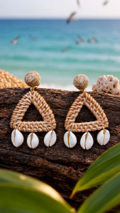[SG] Island Seashells Bamboo Rattan Drop Earrings | Handwoven Triangle Cowrie Shell Earrings | Boho Beach Resort Jewellery | Tropical Vacation Earrings | ear me out (EMO-358)