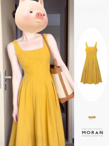 Phong Cách Pháp Cổ Vuông Phối Dây Mùa Hè Chữ A Vàng Dài Váy Thắt Lưng Nữ Vest Không Tay Váy