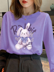 เสื้อยืดแขนยาวสีม่วงสำหรับผู้หญิง คอลเลกชั่นฤดูใบไม้ผลิและฤดูใบไม้ร่วงปีหน้า 2026 ทรงหลวม สไตล์เกาหลี เสื้อเชิ้ตพื้นฐาน