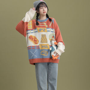 เสื้อสเวตเตอร์ผู้หญิงทรงหลวมสไตล์ฮ่องกงน่ารักสำหรับฤดูใบไม้ร่วงและฤดูหนาว เสื้อสเวตเตอร์คอตั้งแขนยาวถักแบบปกติ