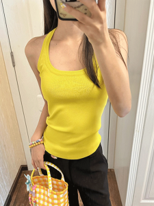 French Style Yellow Knitted Halter Top Womens Summer Outerwear Slimming Versatile Pure Desire Vest Sleeveless Fashionable