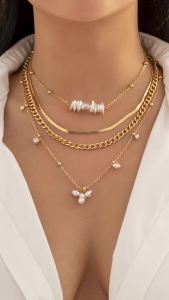 4Pcs/Set Vintage Irregular Imitation-Pearl Pendant Choker Necklace Women Wedding Bridal Goth Flat Snake Chain Neck Jewelry New