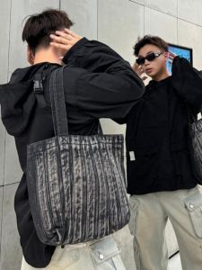 YUEN Retro Washed Denim Canvas Tote Bag Large Capacity Student Commuter Tot Bag Japanese Neutral Style Single Shoulder Bag