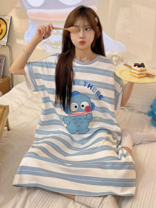 Cotton Sleep Dress Women Summer New Style 2024 Striped Cartoon Mid-Length Short-Sleeve round Neck Thin Home Clothes Dress