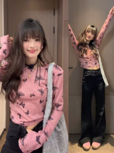 Slim Fit Long Sleeve T-Shirt Womens Spring New Style Thin Butterfly Print Casual Top Comfortable Cotton Graphic Tees