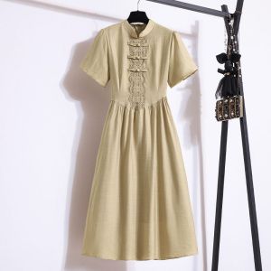 New Chinese Style Tea Break Short Sleeve Dress Womens Button Stand Collar Waist Slimming Hip Covering Midi A-Line Skirt
